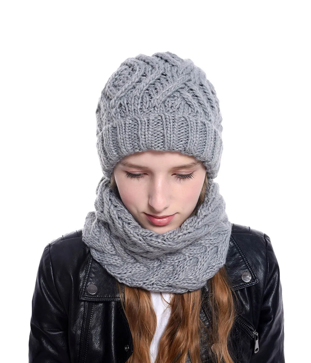 Новинка, Женская Осенняя зимняя шапка, шарф, набор, однотонный цвет, вязаные шапочки, теплый шарф для девочек, модная шапка
