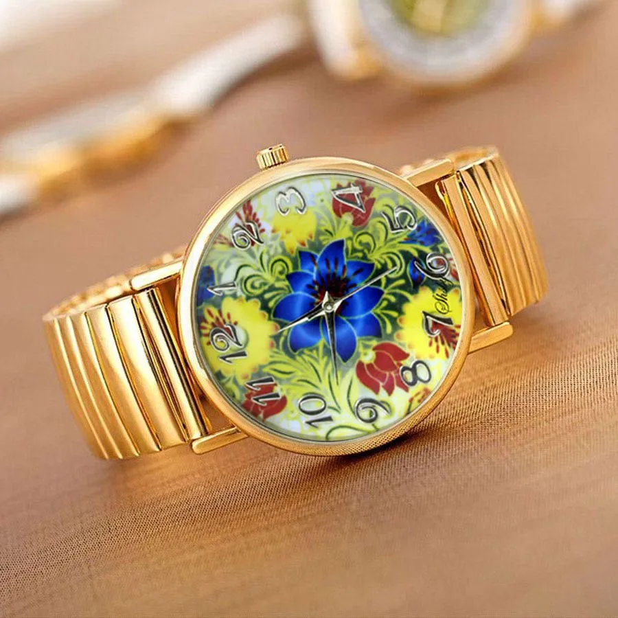 Shsby Hot Sale  High Quality Gold Elastic Stainless Watches Women Dress Quartz Wristwatch New Arrival Ladies Flower Watches 2