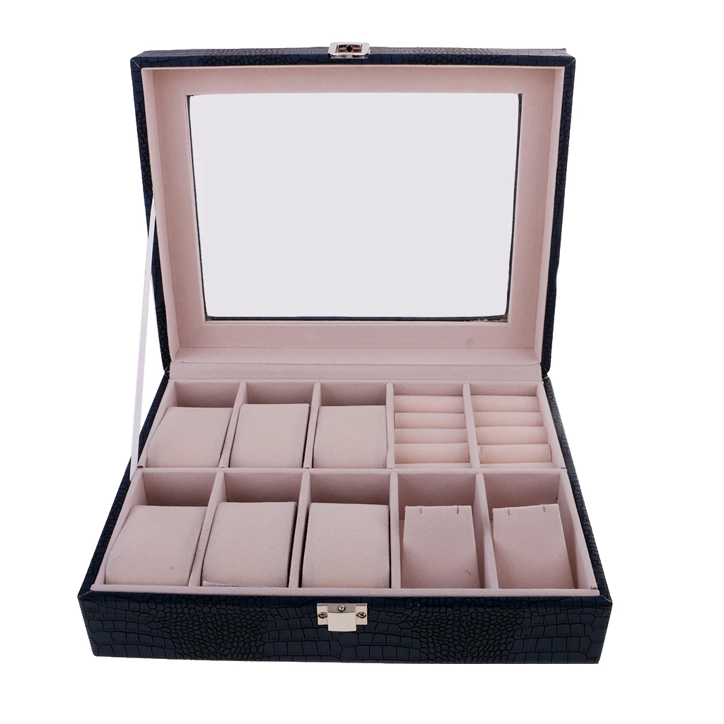 

10 Slots Watch Display Box PU Leather Jewelry Storage Organizer with Lock