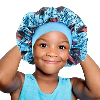 

2020 New Children's Satin Round Hat African Printed Stretch Wide-Brimmed Night Hair Caps Care Bonnet Styling Elastic Accessories