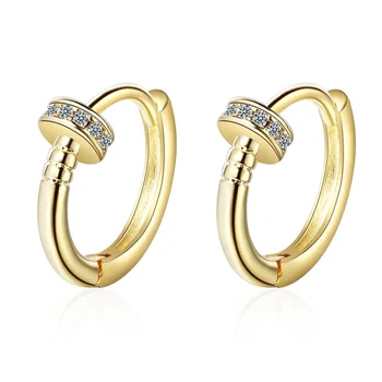 

925 Sterling Silver Nail Hoop Earrings For Women Korean Fashion Bling Round Cubic Zirconia Simple Small Gold Jewelry Wholesale