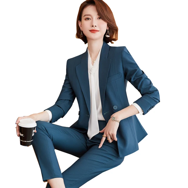 High Quality Women Formal Pant Suit Business Interview Work 2 Piece Set Single Breasted Green Navy Blue Black Blazer And Trouser