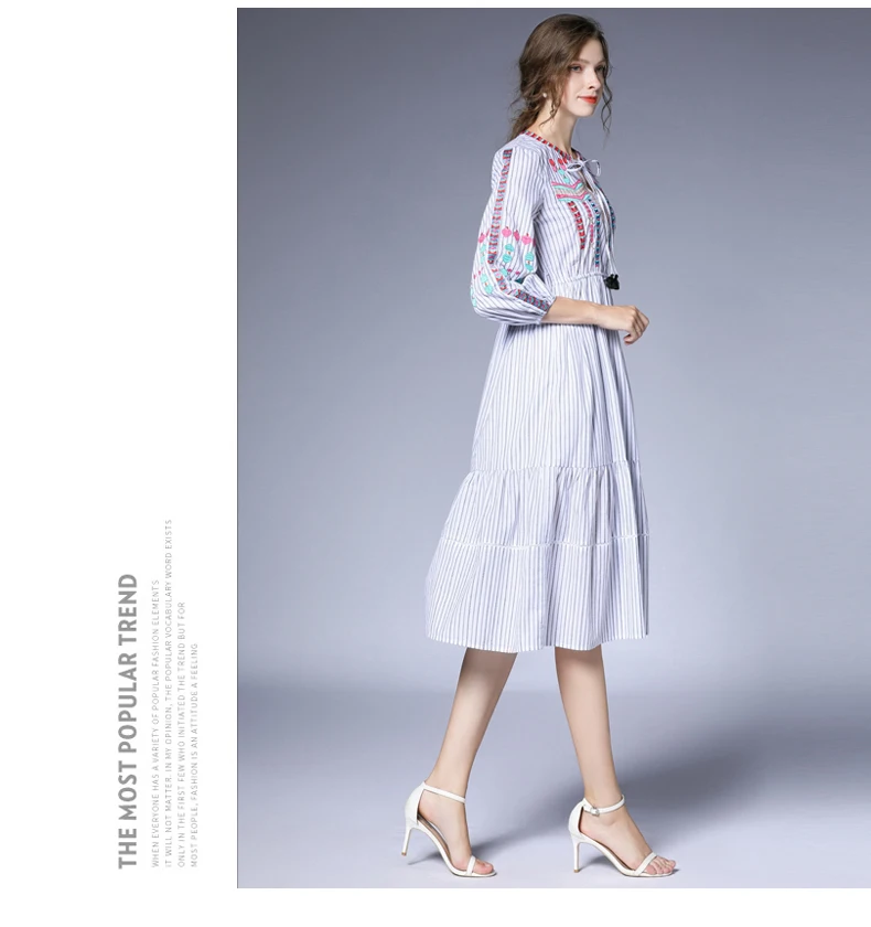 VERHELLEN High Quality Runway Dress Autumn Women's 3/4 Sleeve Striped Embroidery Loose Dress Female Casual Long Dress