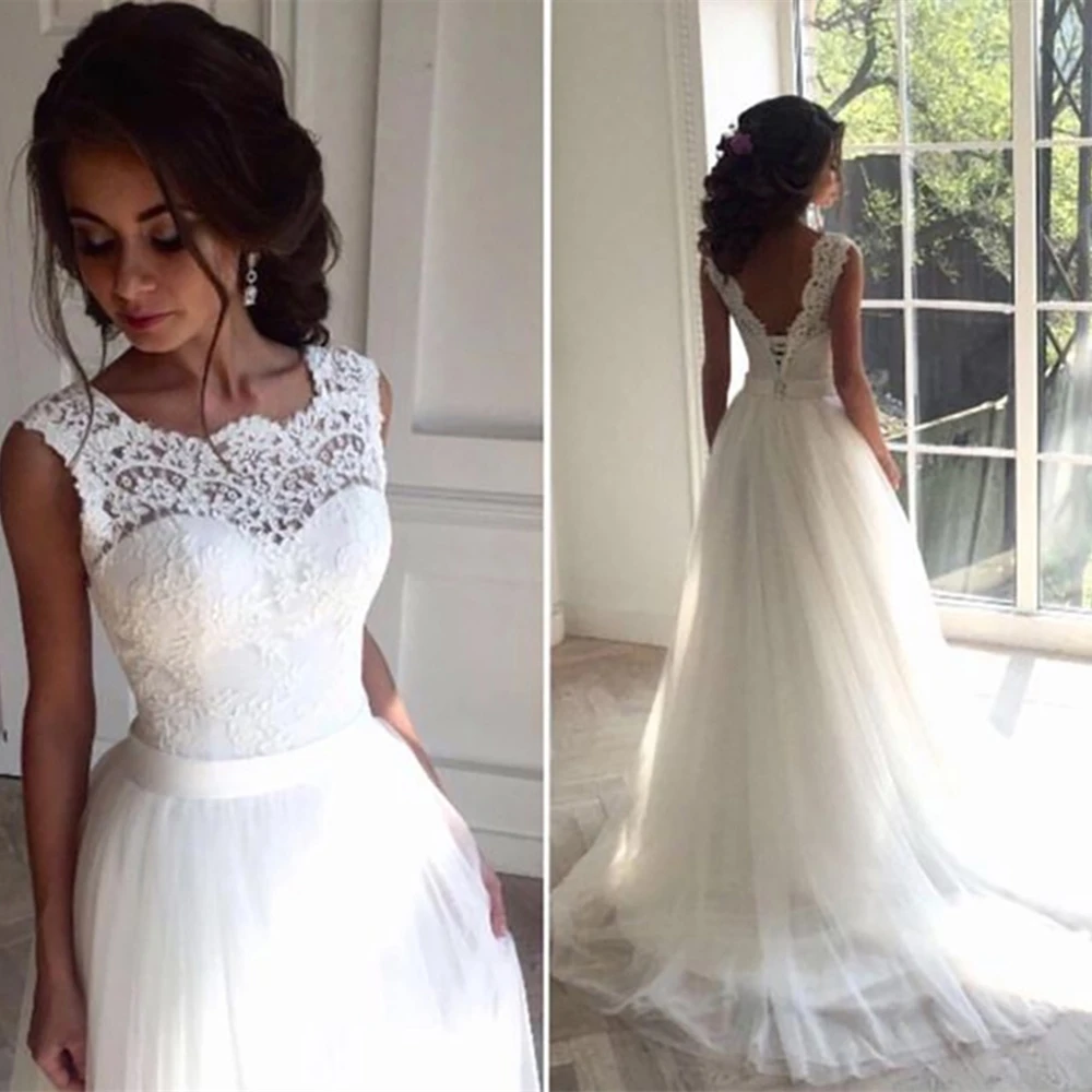 O-Neck Custom White Natural A Line Beach Lace up Wedding Dresses Jewel Sleeveless Tulle Applique Bridal Gowns | Свадьбы и торжества