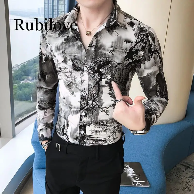 Rubilove Корейская приталенная Мужская рубашка, фирменная новинка, с длинным рукавом, с принтом, мужские повседневные рубашки, Ночные Клубные/вечерние/Выпускные рубашки, мужская одежда
