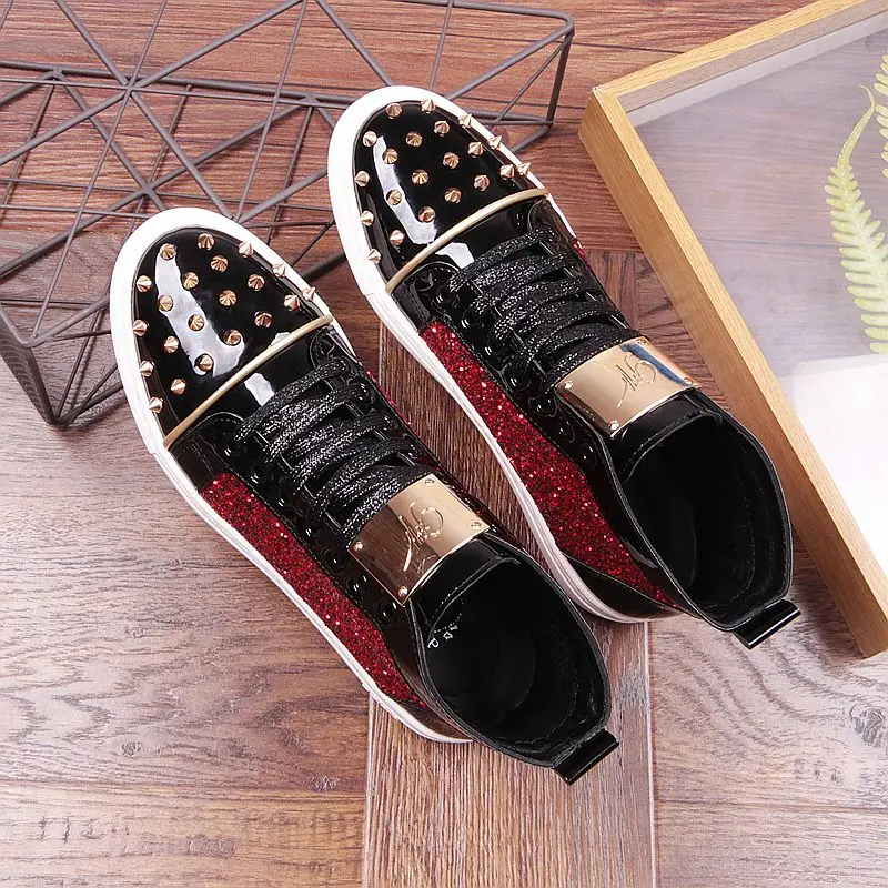 Fashion men sequins rivet Sheet metal Casual Platform high top shoes Flats Male Designer prom Dress Loafers Shoes zapatos hombre