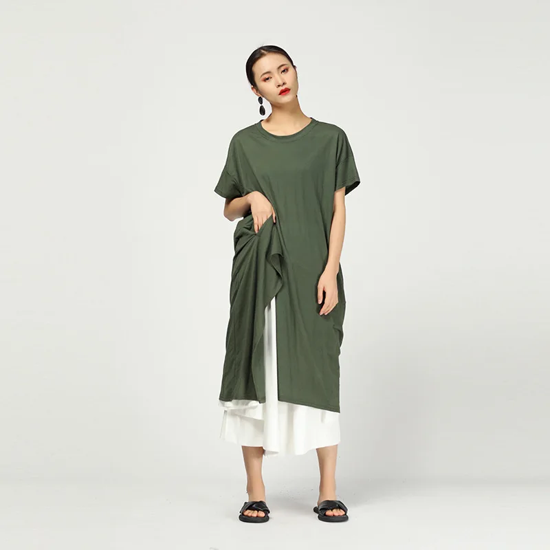 Модная льняная футболка с коротким рукавом и неровным Hemline, длинная футболка для женщин, новая летняя одежда, модные топы QF321 - Цвет: green