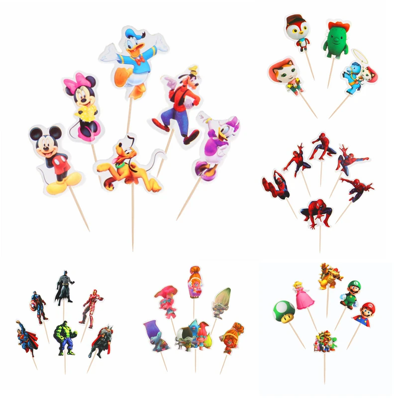 

120pcs Cartoon theme Happy Birthday cake topper Mickey/Unicorn/Spiderman/Princess/Mermaid party cake decor kid Favors gift