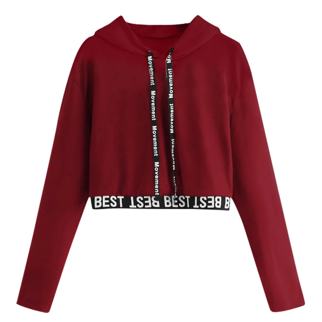

Fashion Autumn Winter Womens Letter Long Sleeve Splice Pullover Hooded Sweatshirt Short Tops Teens Youth Dancer Clothing