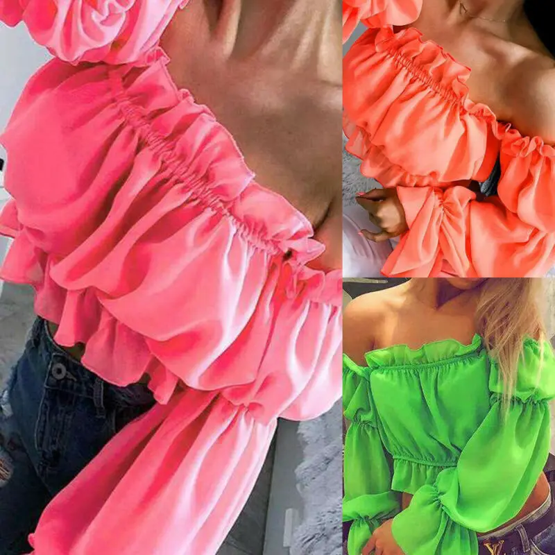 Blusa informal de Chifón con manga larga para verano, camisa vientre descubierto con volantes y hombros descubiertos para mujer, cuello de barco