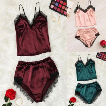 

2pcs Women Sexy Satin Lace Sleepwear Babydoll Lingerie Nightdress Pajamas Set