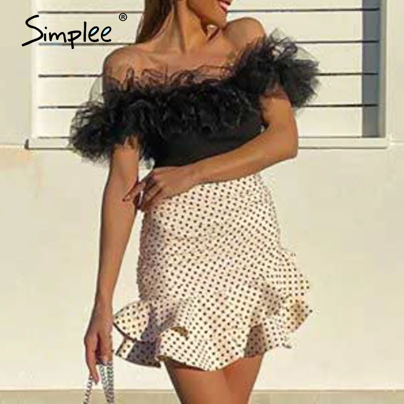 

Simplee High waist polka dot print short skirt women Ruffled bodycon fashion summer skirt female Party club wear ladies skirt