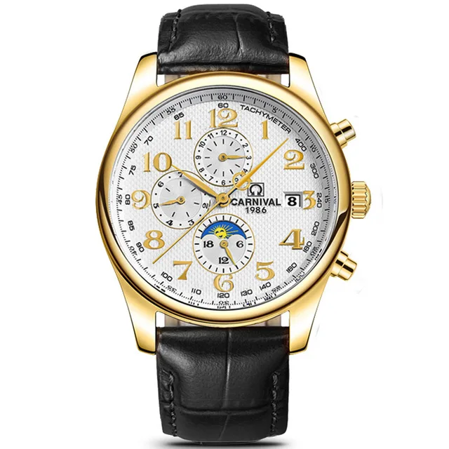 CARNIVAL Blue ручной многофункциональный автоматические мужские механические часы дорогие, брендовые деловые часы StainlessSteel Case Sport relogio - Цвет: Black Gold White