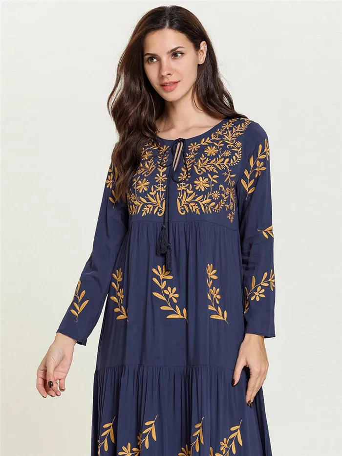Женское мусульманское Abayas джинсовое Макси-платье с вышивкой, свободные бандажные платья, Арабская Дубайская Исламская одежда, длинные платья размера плюс, Халат