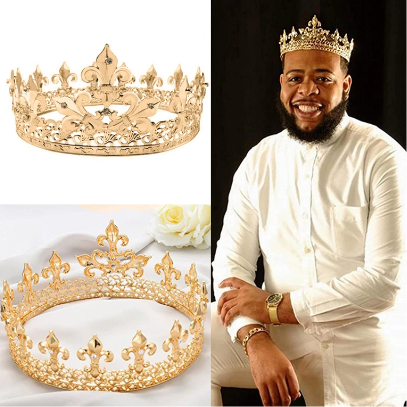 Baroque Vintage Royal King Crowns For Men Full Round Sliver Big Gold Tiaras And Prom Party Costume Hair Accessories | Украшения и
