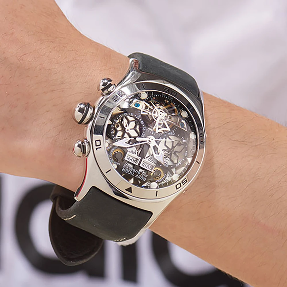 Reef Tiger Mens Sport Watches Automatic Skeleton Watch Steel Waterproof mechanical Tourbillon Watch Date Day reloj hombre RGA703