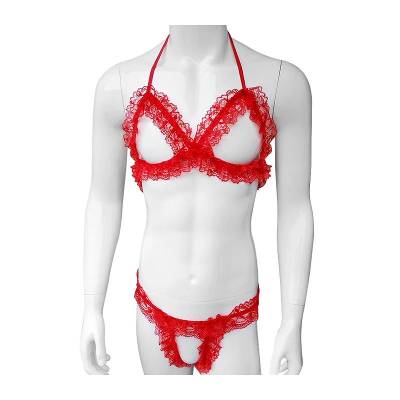 

Gay Men Soft Ruffles Lace Sissy Sexy Lingerie Set Underwear Hollow out Exotic Apparel Erotic Bra Top Set with Jockstrap