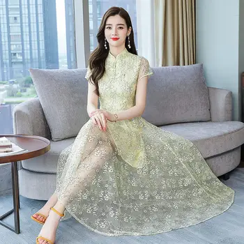 

Lace Dress Female Summer 2020 New Improved Version Cheongsam Temperament Retro Foreign Style Long Dress For Women Party K359