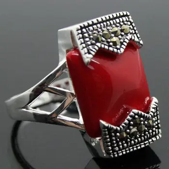 

wholesale good 12*20mm FANCY RARE VINTAGE RED CORAL BELT 925 SILVER MARCASITE RING SIZE 7/8/9/10