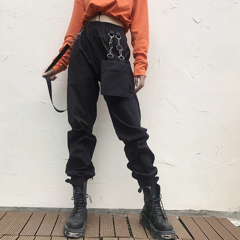 Rockmore Black Cargo Pants With Chain Pockets Women High Waist Trousers White Wide Leg Pants Femme Pant Winter Streetwear Fall