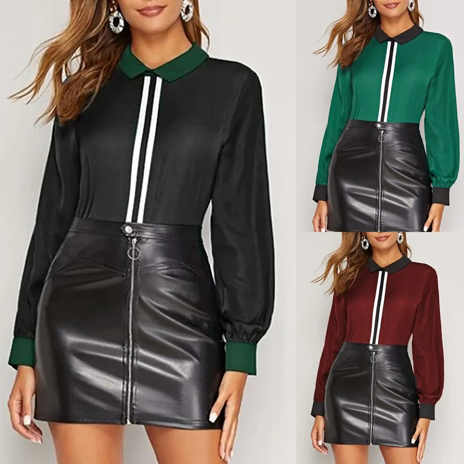 2021 Spring Blouses Women's Lapel Color-blocking Webbing Stitching Long-sleeved Contrast Color Tops Женское Платье 2