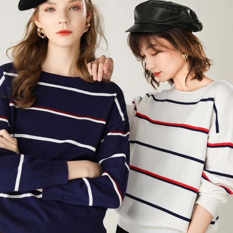 

2019 Autumn Winter New Round Neck Cashmere Sweater Women's Striped Large Size Loose Casual Bat Sleeve Knit Women's Wool Pullover