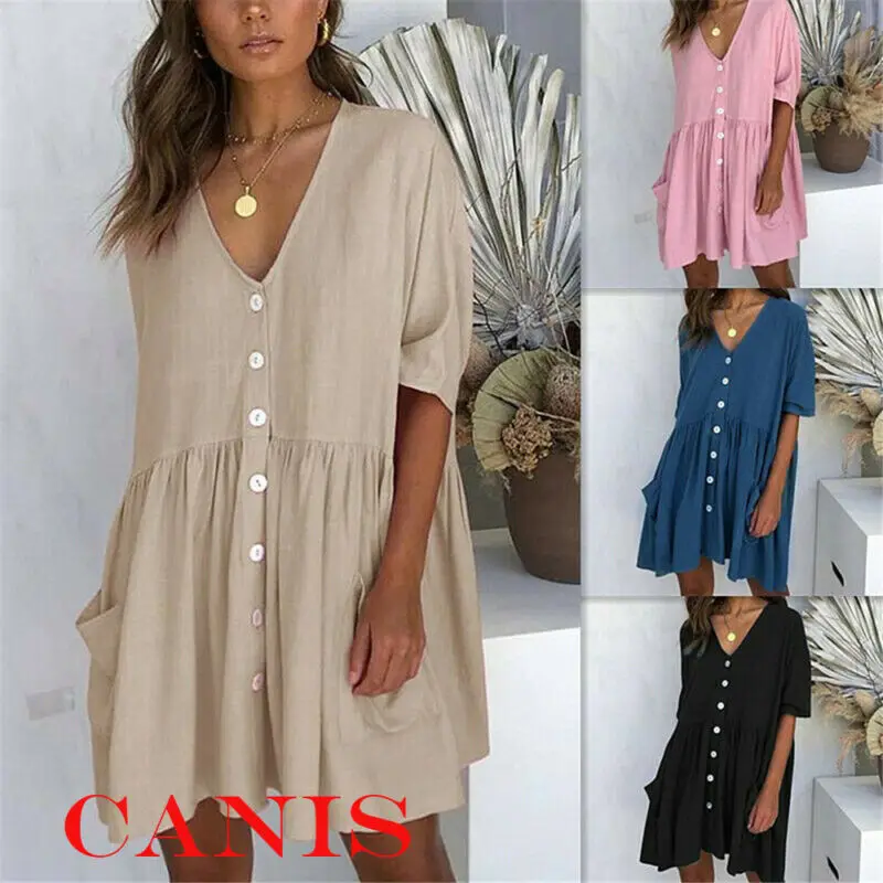 

2019 Womens Holiday Loose Button Pocket Ladies Summer Short Sleeve V Neck Ruffles Beach Mini Swing Tops