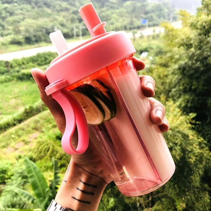 Sturdy Double Drink Cup Outdoor Silicone Handle Durable High Capacity Water Cup Two-Color Nozzle Motion PC+PP Straw Cup Leisure