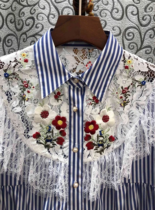 Новинка весны, женское кружевное платье с длинными рукавами и цветочной вышивкой, украшенное полосками, 1213
