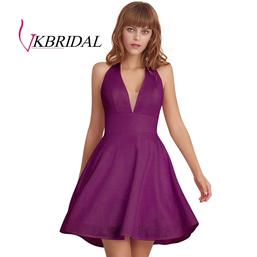 VKBRIDAL сексуальные платья с лямкой на шее для встречи выпускников Новая мода блестящая ткань короткое платье для выпускного вечера вечерние платья с карманами - Цвет: color 32