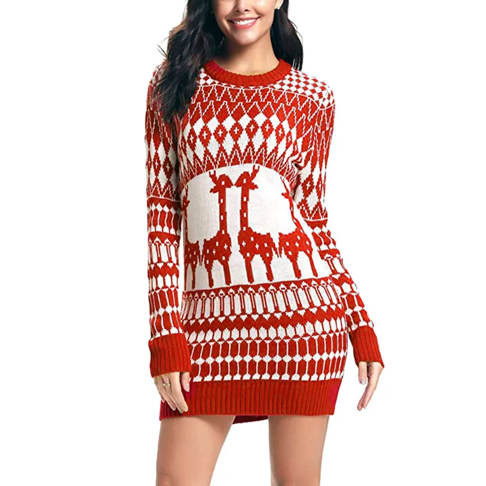 Winter Christmas Sweater Women Long Knitted Pullovers Sweaters Dress Female O-Neck Sleeve Jumper | Женская одежда