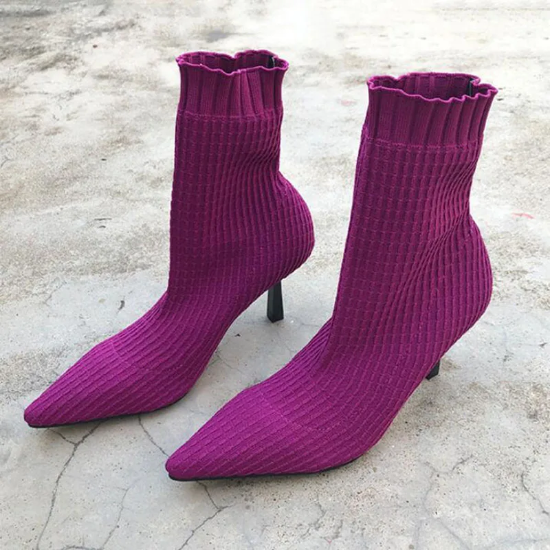 

2019 Autumn Winter New Knitted Elastic Socks Boots Solid Medium Heeled Short Boots Women Point Toe Ankle Boots zapatos de mujer