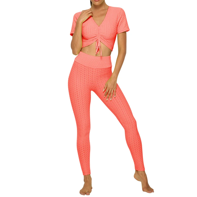 Orange set Европейский комплект для йоги, женский спортивный костюм на шнурке, спортивный топ с коротким рукавом+ леггинсы для фитнеса, комплект для тренировок, мягкая женская спортивная одежда - Цвет: Orange set