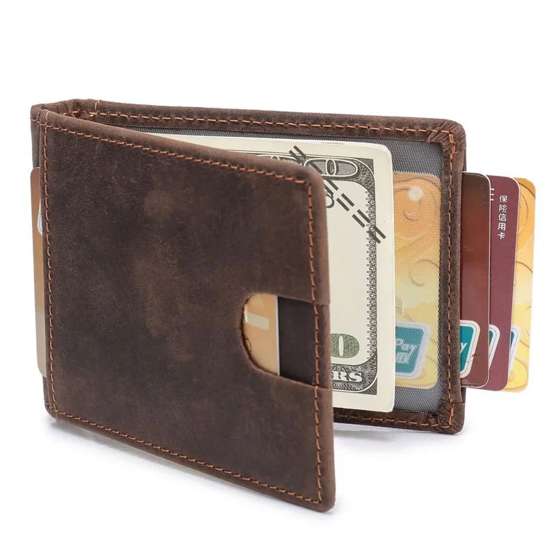Мужской тонкий кошелек с блокировкой RFID, кошелек из натуральной кожи, минималистичный мужской кошелек с передним карманом, зажим для денег ручной работы