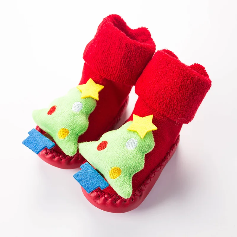 Fall winter Terry Padded Stereo Cartoon Baby Shoes Socks Christmas Baby Slip Toddler Red Floor Socks  Newborn Baby Shoes