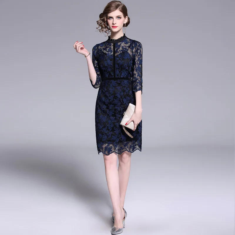 

2019 Spring And Summer Retro Elegant Dark Blue Rose Lace Embroidery Velvet Edge High-waisted Tight Dress