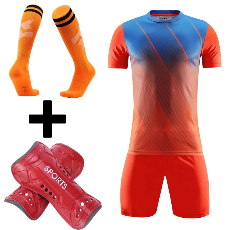 Football Shin Pads and socks free Men and Kids Football Jersey Set Children Men Soccer Jersey Set Training Uniform Suit