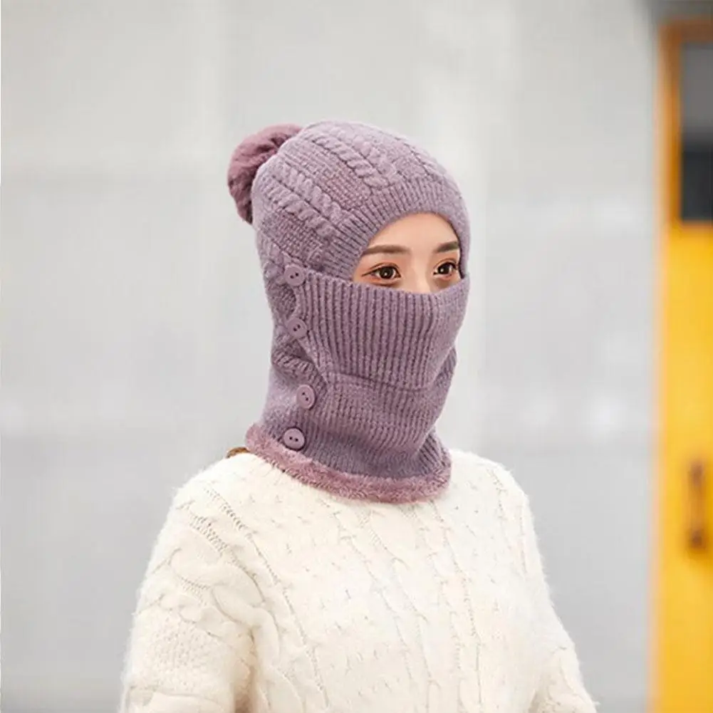 MISSKY Lady Warm One-piece Women Hat-Mask-Scarf Winter Thicken Knitting Wool Ball Riding Outdoor Beanies For Female