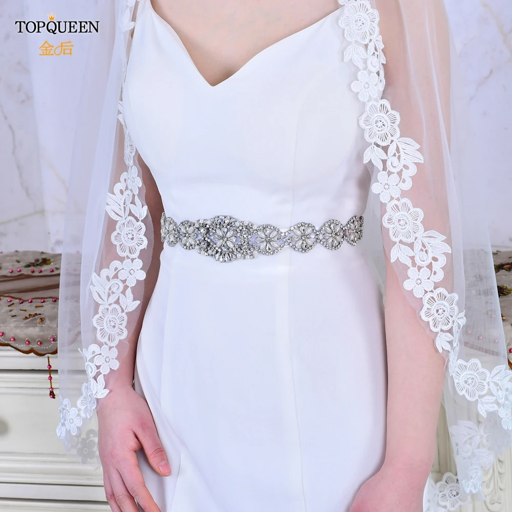 TOPQUEEN S161 White Wedding Belts Silver Rhinestone Belt Accessories for Bride Crystal Formal Dress Belt Gown Sash Bridal Belt