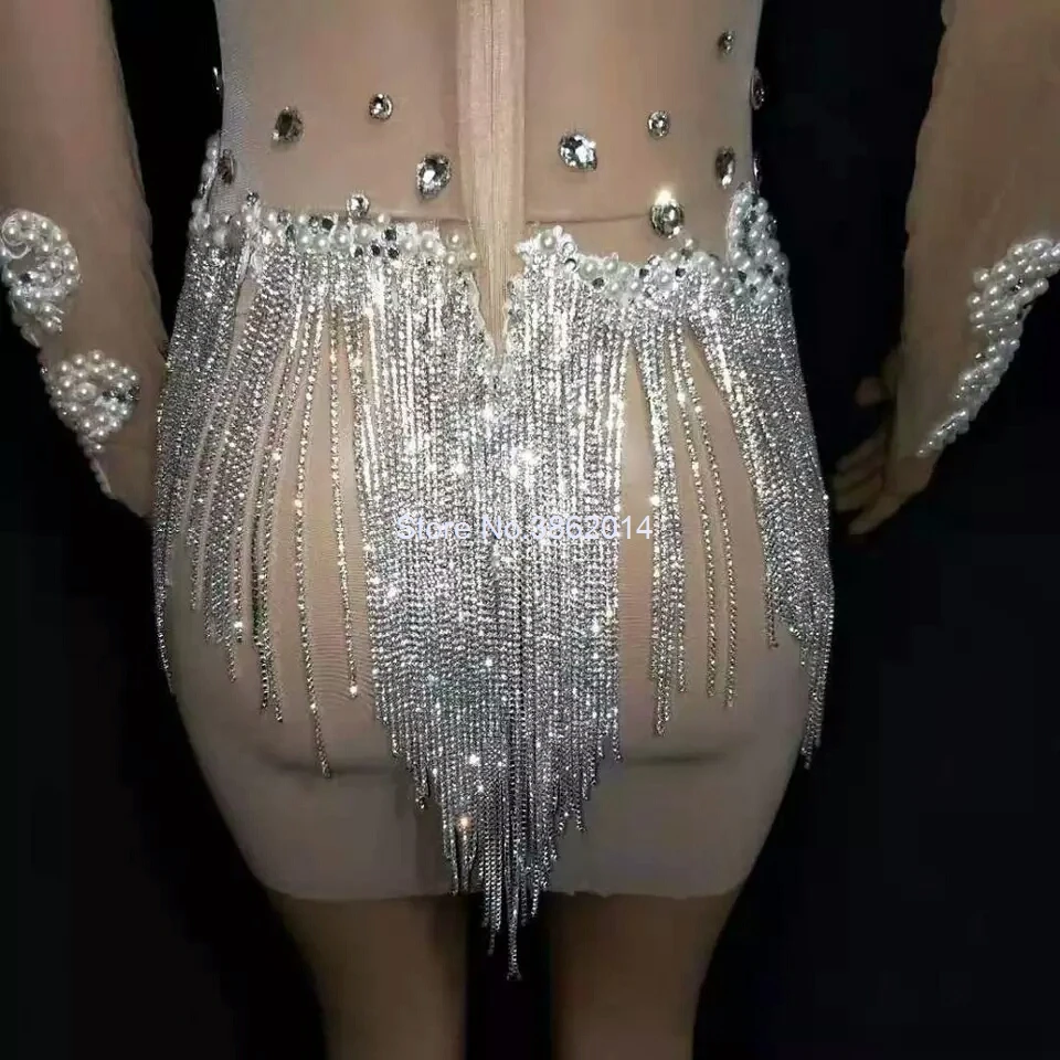 New Luxury Pearls Crystals Mesh See Through Dress Women Rhinestones Fringe Birthday Party Dresses Sexy Nightclub Bar Outfit