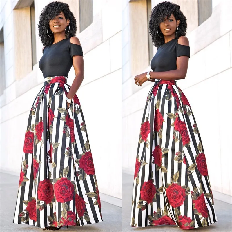 Summer 2019 Women Two Pieces Set Casual Rose Print Long Skirt + Short Sleeve Black Top Fashion Beach Sets |
