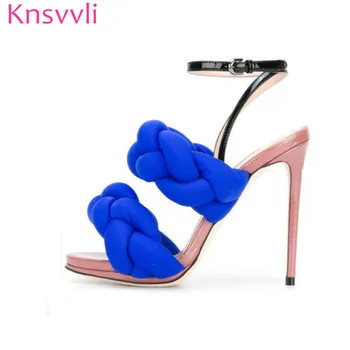 

Knsvvli Velvet Sandals Women Sexy High Heels Twist Plait Ankle Buckle Strap Sandalias Woman Mixed Color Summer Zapatos Mujer