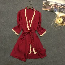 Бордовый весенний ночной халат, сексуальный женский костюм из 2 предметов, топ на бретелях, комплекты одежды для сна, Пижама домашняя одежда, ночное белье, кимоно для сна, банное платье