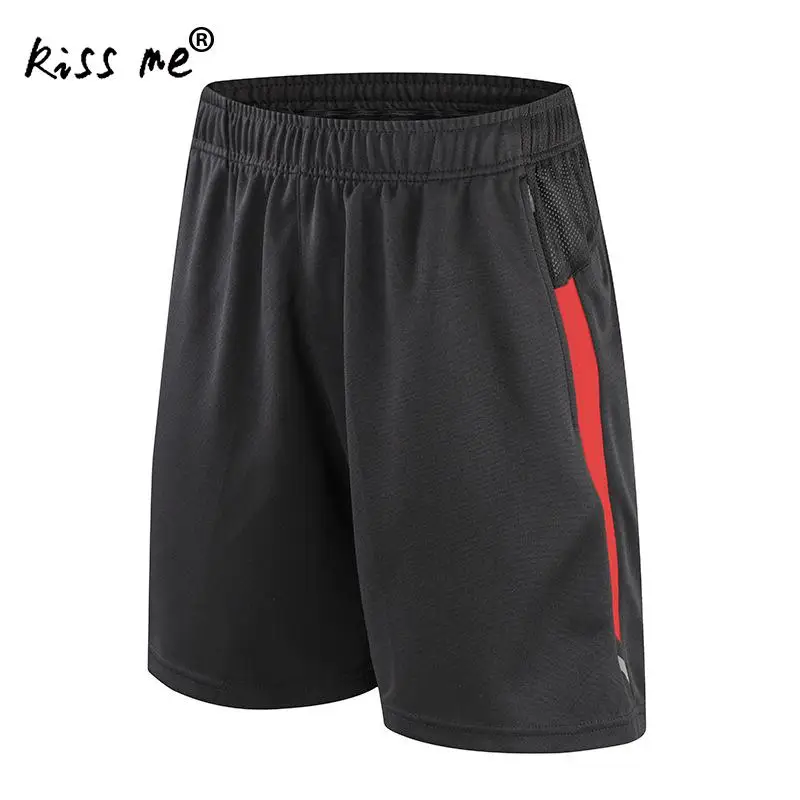 black with red Летние мужские шорты для бега быстросохнущие мужские спортивные короткие штаны Свободные спортивные шорты для фитнеса мужские однотонные мужские спортивные шорты с карманом - Цвет: black with red