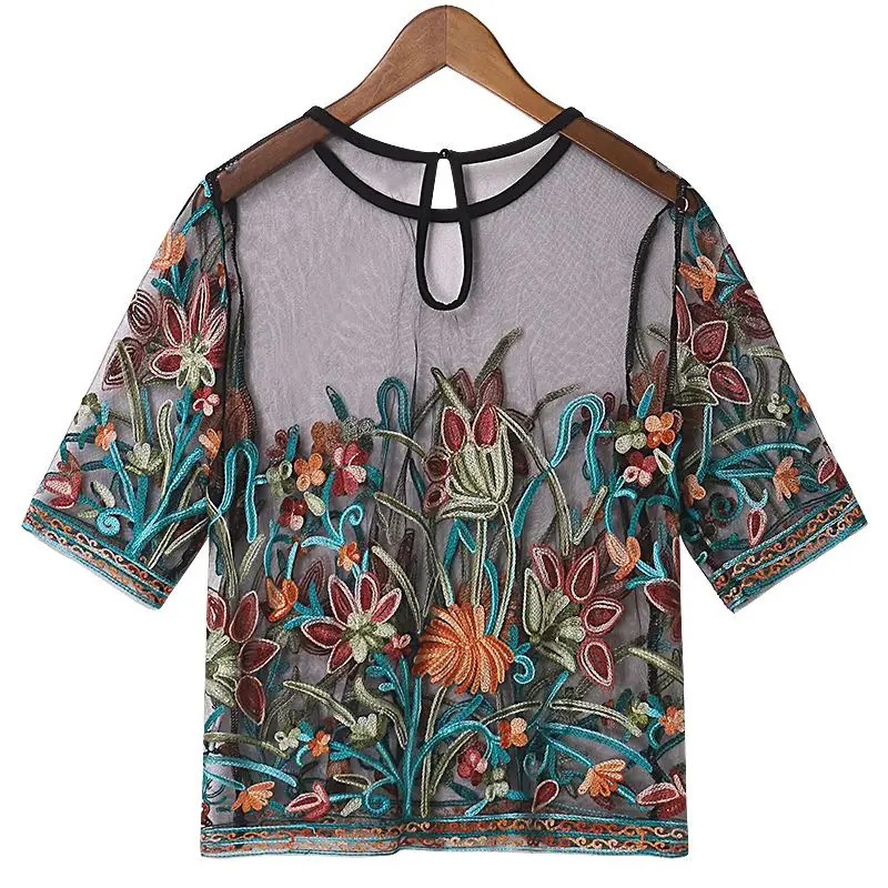 

5XL Large Plus Size Black Mesh Tulle Elegant Lady Tops Women Sexy Tshirts Flower Embroidery T-Shirts O-Neck Summer Perspective