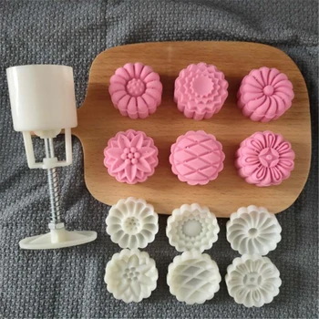 

50g 3D Chinese Moon Cake Molds Plastic Mooncake Moulds Set Hand Press Cookie Form 6 White Chrysanthemum Flowers Mooncake Stamps