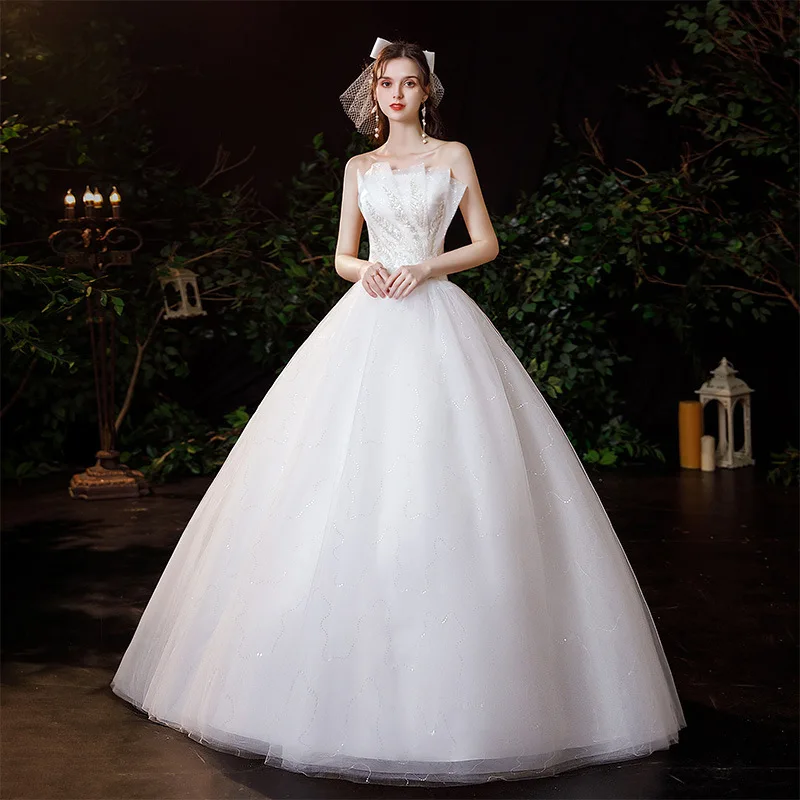 

Wholesale Cheap New Robe De Mariee New Wedding Dresses Plus Size Strapless Appliques Pearls Lace Fashion Simple Bride Gown Novia