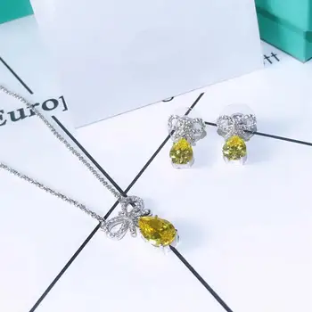 

TSHOU330 romantic 925 Sterling Silver Necklace earring set yellow bowknot Pendant For Women Love Necklace Pendant Jewelry
