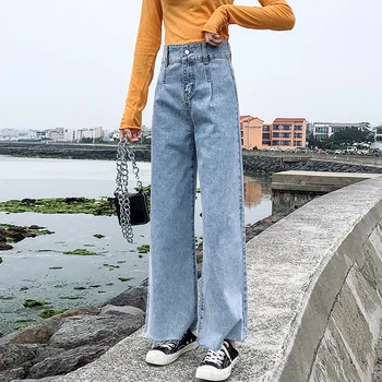

2020 Wide Leg Jeans Female Autumn New High Waist Straight Small One Nine Points Drape Loose