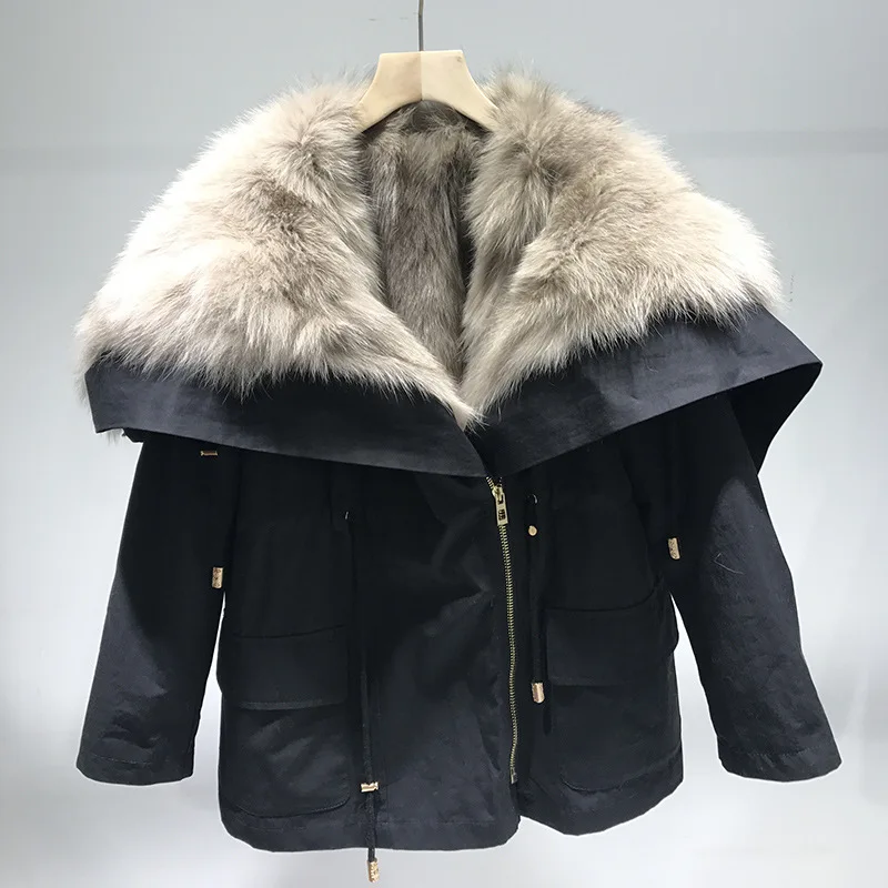 black grey Parka Women New Winter Casual Hooded Long Sleeve Fox Fur Liner Detachable Coat Loose Thick Fox Fur Jacket Female NS1452 - Цвет: black grey